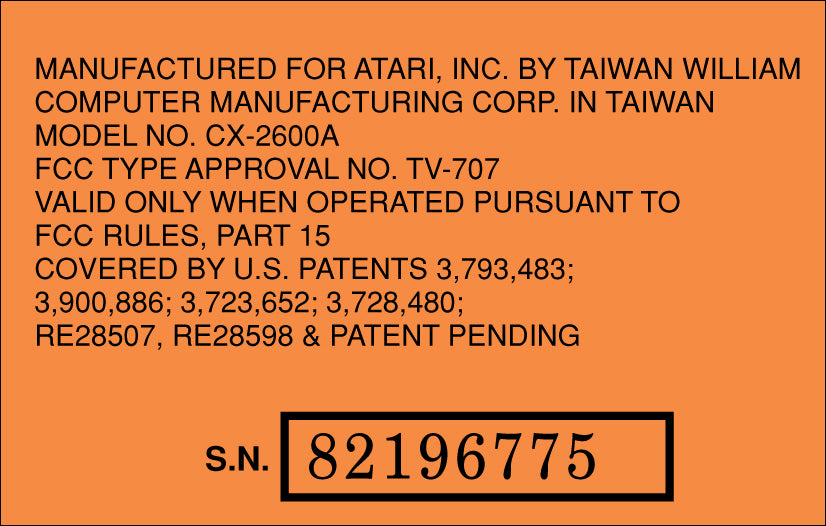 Atari 2600 Console Serial Number Label [Orange]