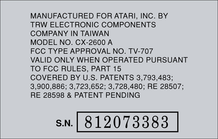 Atari 2600 Console Serial Number Label [Silver]