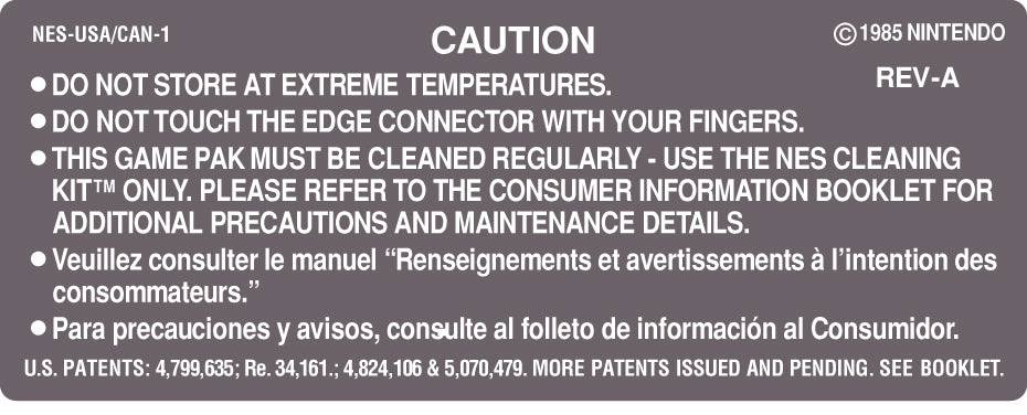 Nintendo NES Game Cartridge Back Label [Canadian Variant]