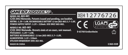 GameBoy Advance SP Model Sticker [AGS-001, European]