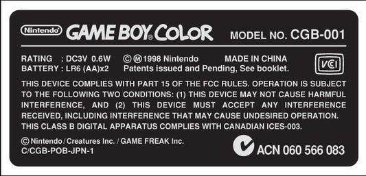 GameBoy Color Console Model Label [Pokémon Variant, USA]