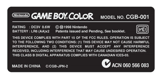 GameBoy Color Console Model Label [Made in China Variant]