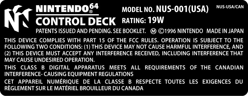 Nintendo 64 Console Model Label [Black Console Version]