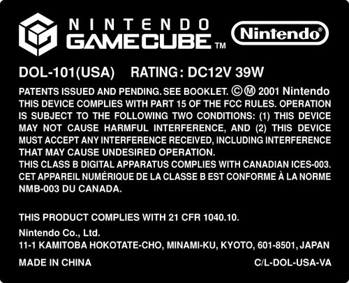 Nintendo GameCube Console Model Label