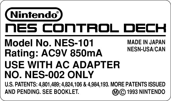 Nintendo NES Top Loader Model Label [USA Variant]