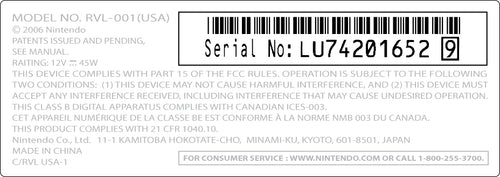 Nintendo Wii Console Serial Number Label