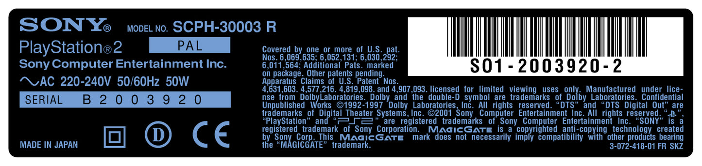 PlayStation 2 Console Model Label [SCPH-30003 R]