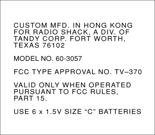 Radio Shack TV Scoreboard Console Label