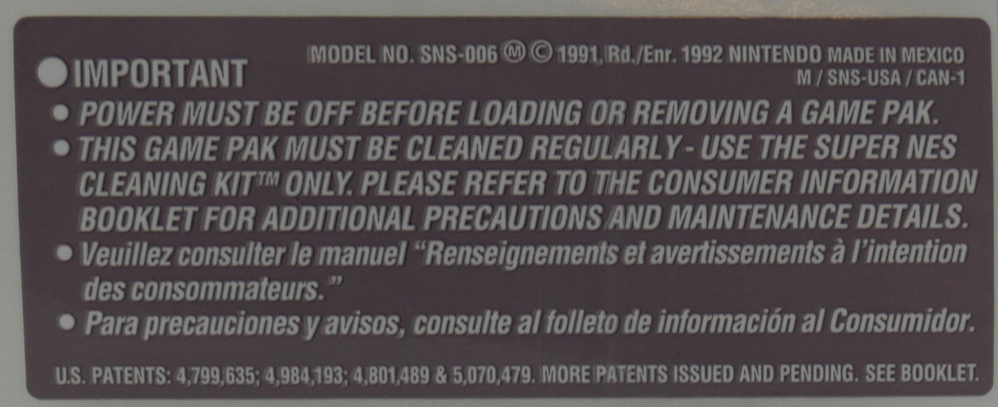 Super Nintendo Game Cartridge Back Warning Label [Made in Mexico]