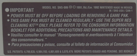 Super Nintendo Game Cartridge Back Warning Label [Made in Mexico]
