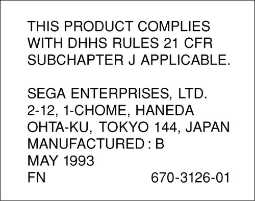Sega CD Model 2 This Product Complies Label