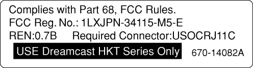 Sega Dreamcast Console FCC Label