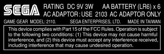 Sega GameGear Model Label [Sega Variant]