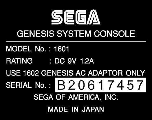 Sega Genesis 1 Model 1601 Label