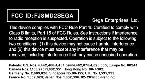 Sega Genesis 2 FCC Label