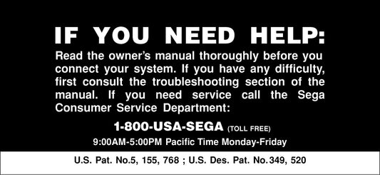 Sega Genesis 2 If You Need Help Label