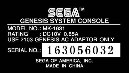 Sega Genesis 2 Model MK-1631 Label