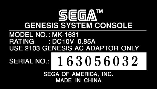 Sega Genesis 2 Model MK-1631 Label