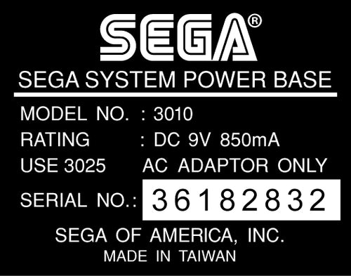 Sega Master System Model 3010 Label