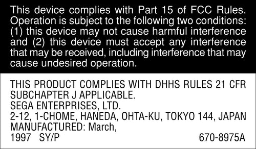 Sega Saturn Console FCC Label