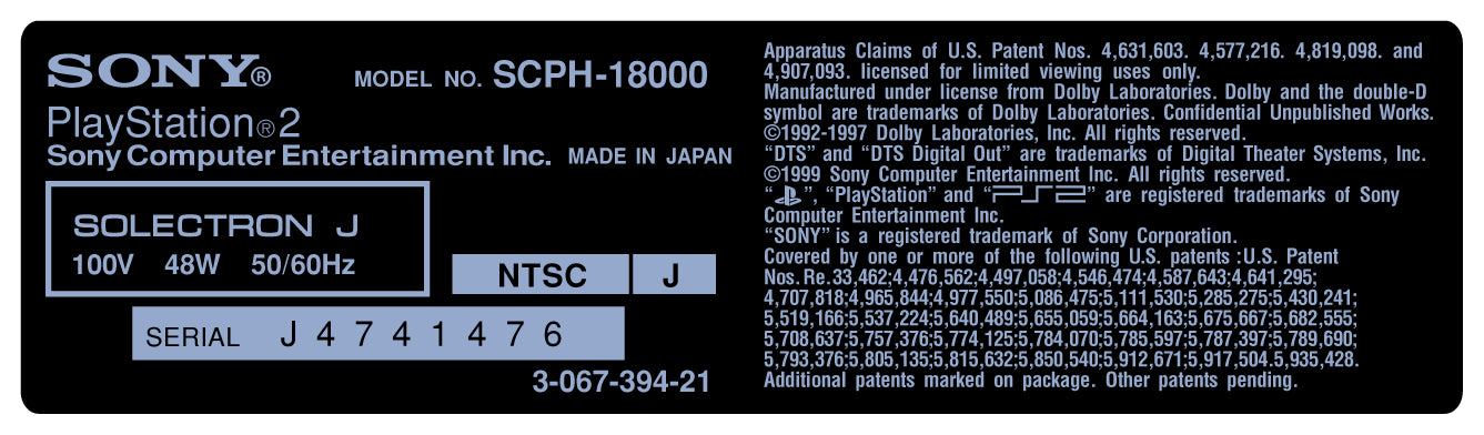 PlayStation 2 Console Model Label [SCPH-18000]