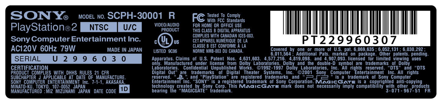 PlayStation 2 Console Model Label [SCPH-30001]