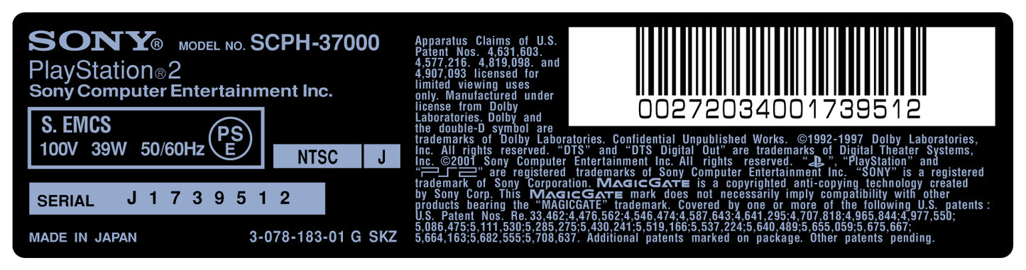 PlayStation 2 Console Model Label [SCPH-37000]