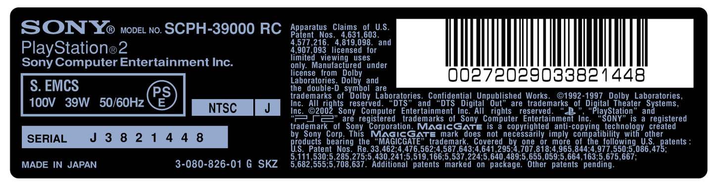 PlayStation 2 Console Model Label [SCPH-39000]
