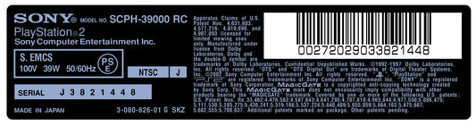 PlayStation 2 Console Model Label [SCPH-39000]