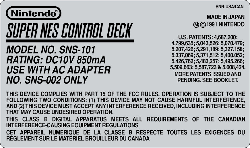 Super Nintendo 2 [SNES-101] Console Model Sticker