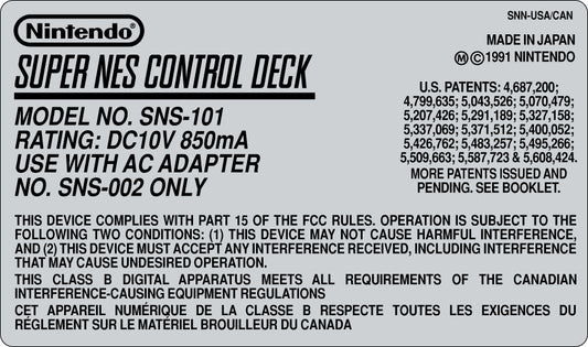 Super Nintendo 2 [SNES-101] Console Model Sticker