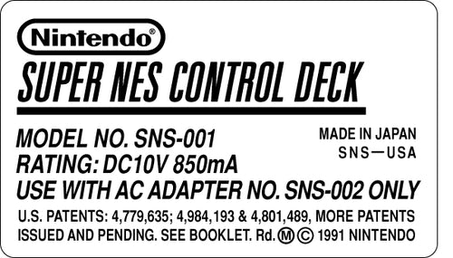 Super Nintendo Console Model Label