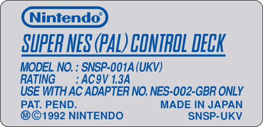 Super Nintendo Console Model Label [European Variant]