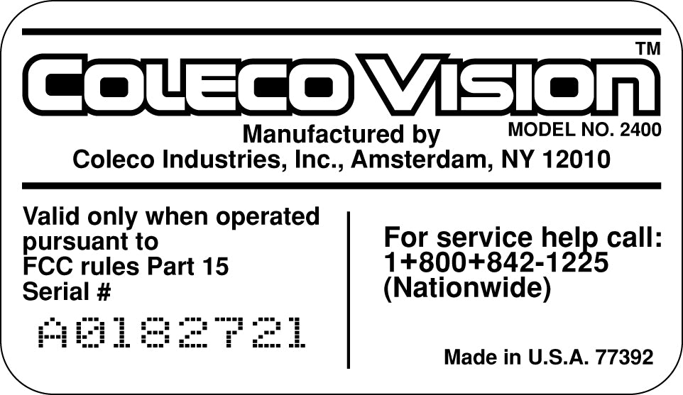 ColecoVision Console Serial Number Label Hoskinson Industries