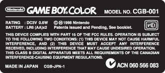 GameBoy Color Console Model Label [Made in Japan Variant]