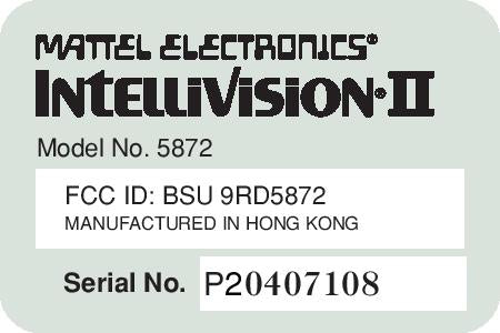Intellivision 2 Model/Serial Number Sticker