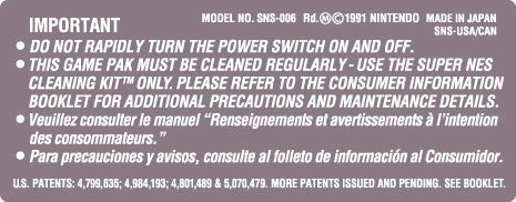 Super Nintendo Game Cartridge Back Warning Label [Made in Japan]